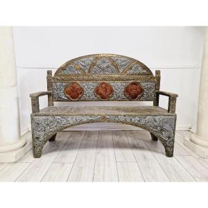 Antique Spanish Sofa In Embossed Metal And Brass