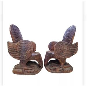 Paire De Fauteuils Aigle Américain En Bois Massif Sculpté 