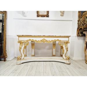  Immense Table Console Baroque Du 19ème Siècle Avec Plateau En Marbre