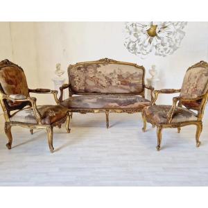  Ensemble De Salon Antique Louis XV Aubusson, Canapé Et Chaises Français