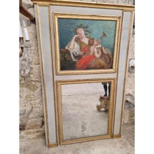 Miroir Ancien Français Peinture à l'Huile 19ème Siècle Trumeau Style Louis XVI