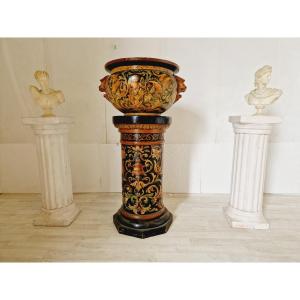  Pot Et Socle De Jardinière Antique En Majolique 19ème Siècle