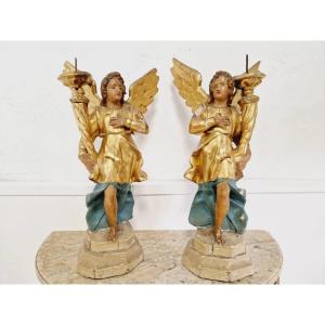 Paire De Porte-torches Anges Antiques Du 18ème Siècle