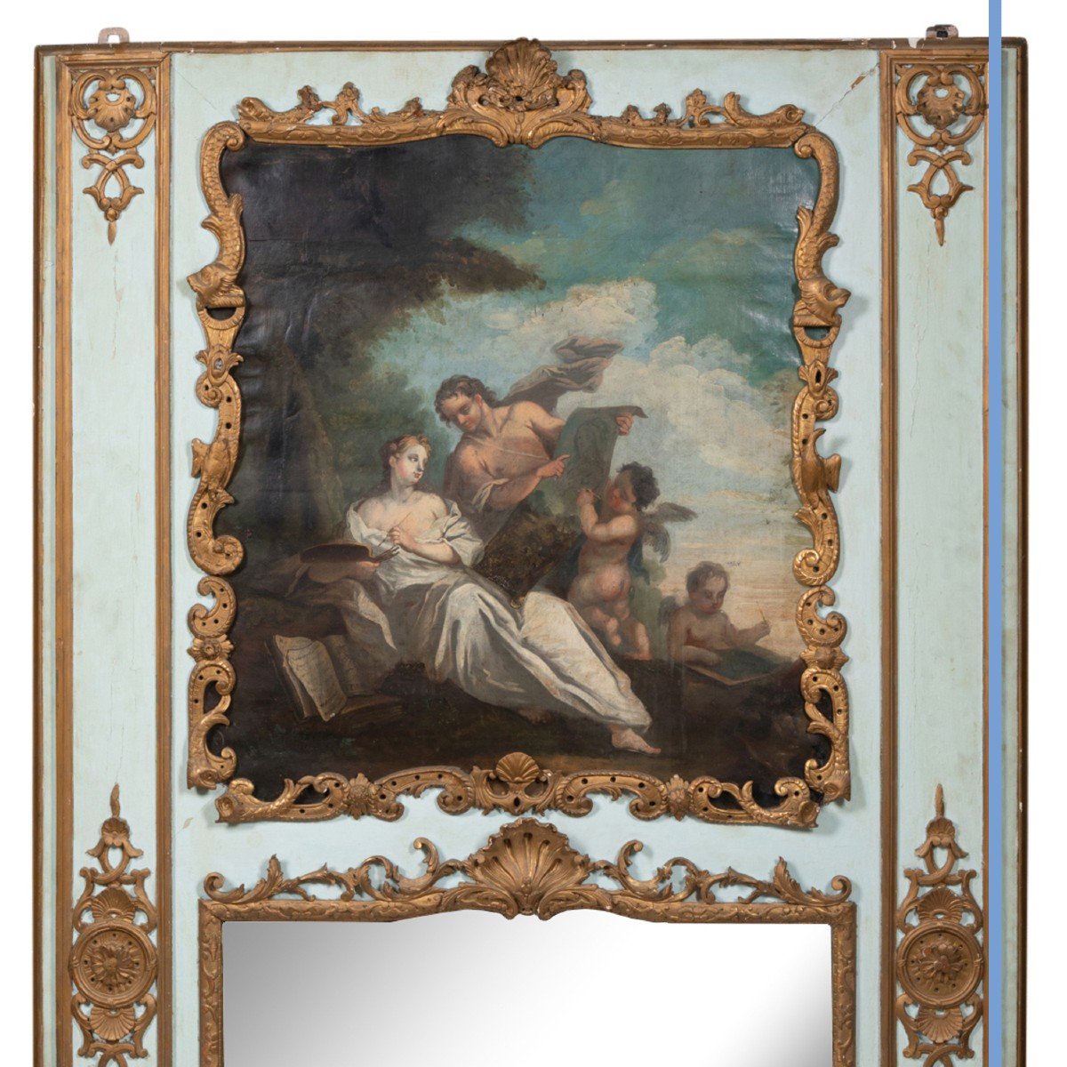 Trumeau en bois laqu&eacute; vert d&#039;eau, peinture sur toile all&eacute;gorique aux putti, XIXe-photo-2