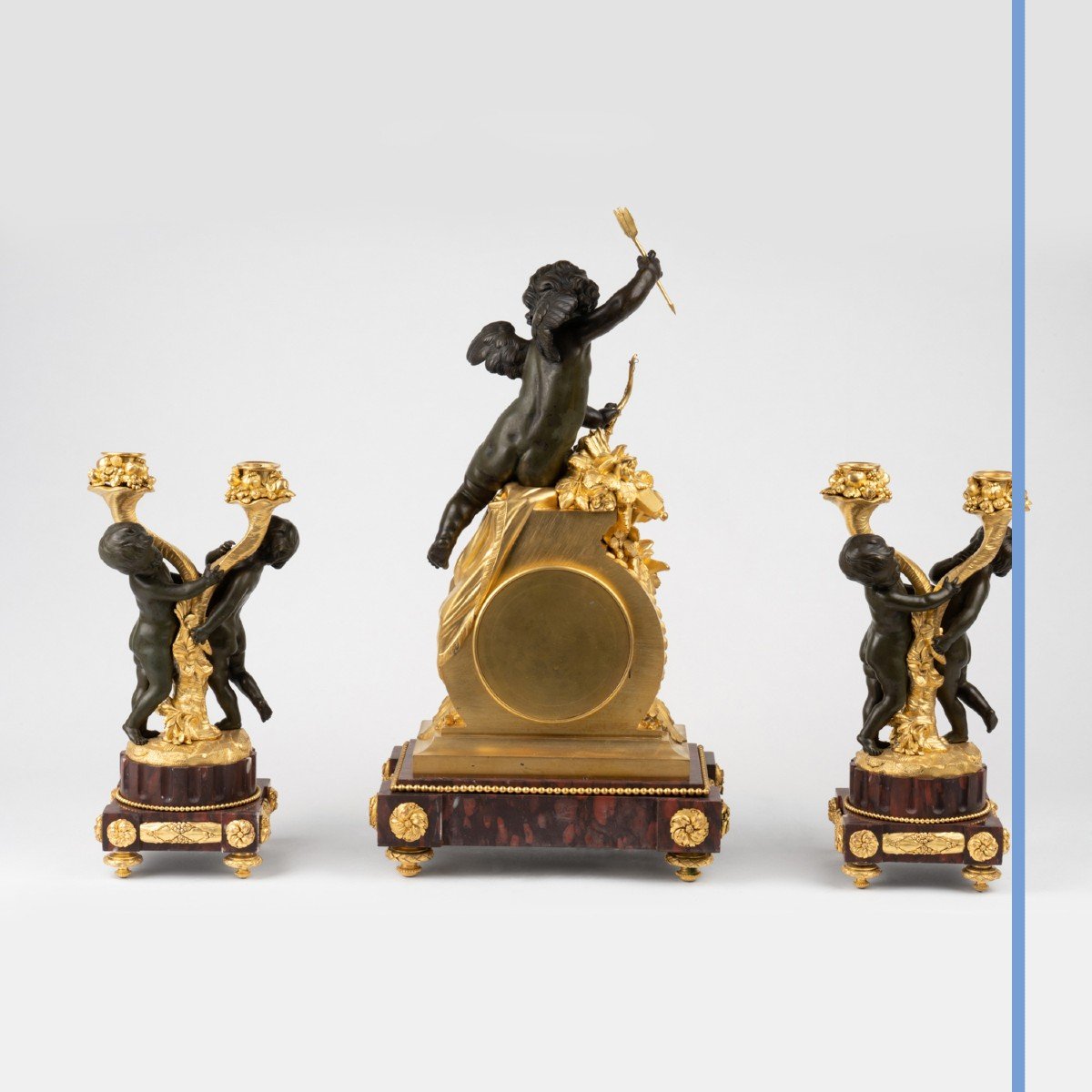 Guillaume Denière (1815-1901), Garniture de cheminée à patine brune et bronze doré, XIXe-photo-3