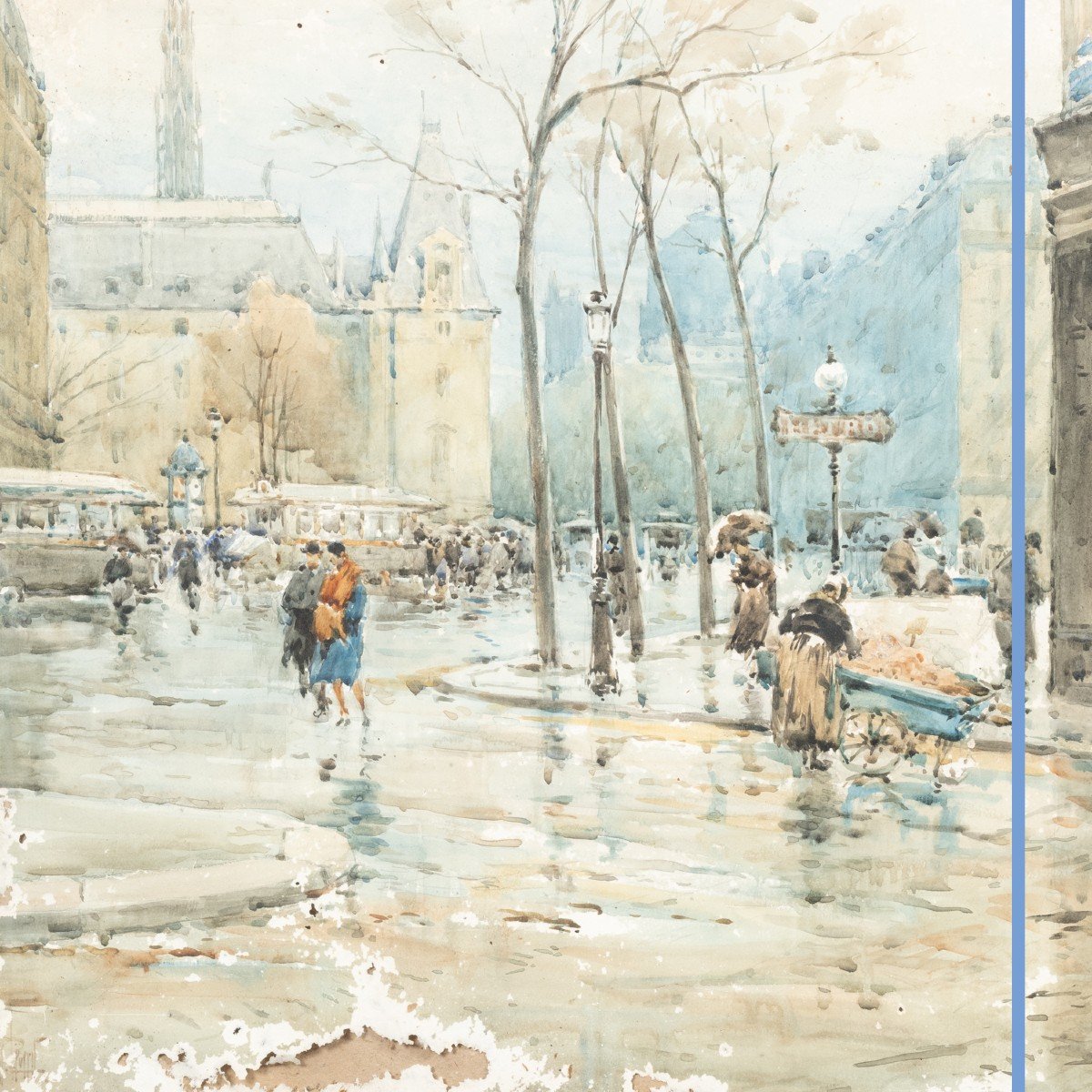 René Leverd (1872-1938), Vue de la conciergerie sous la pluie à Paris , aquarelle,  XXe-photo-3