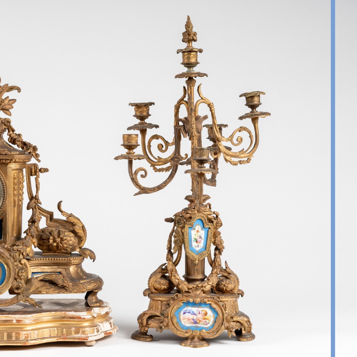 Garniture de cheminée en bronze doré et plaques de porcelaine de style Louis XVI, XIXe-photo-6