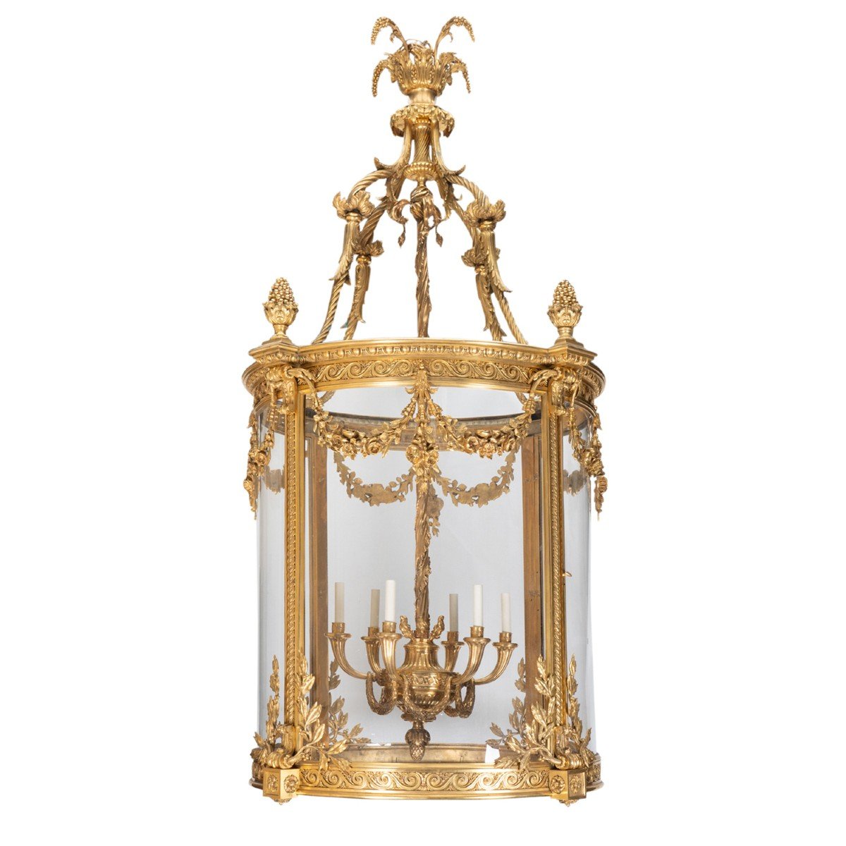 Lantern With Garlands Of Flowers In Gilded Bronze And Curved Glass, 19th Century