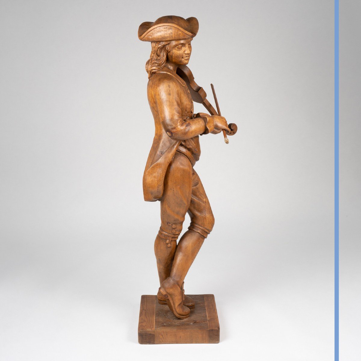 The Violinist With The Tricorn, Sculpture In Carved Pine, 19th Century-photo-3