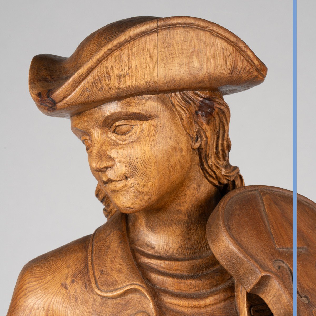 The Violinist With The Tricorn, Sculpture In Carved Pine, 19th Century-photo-3