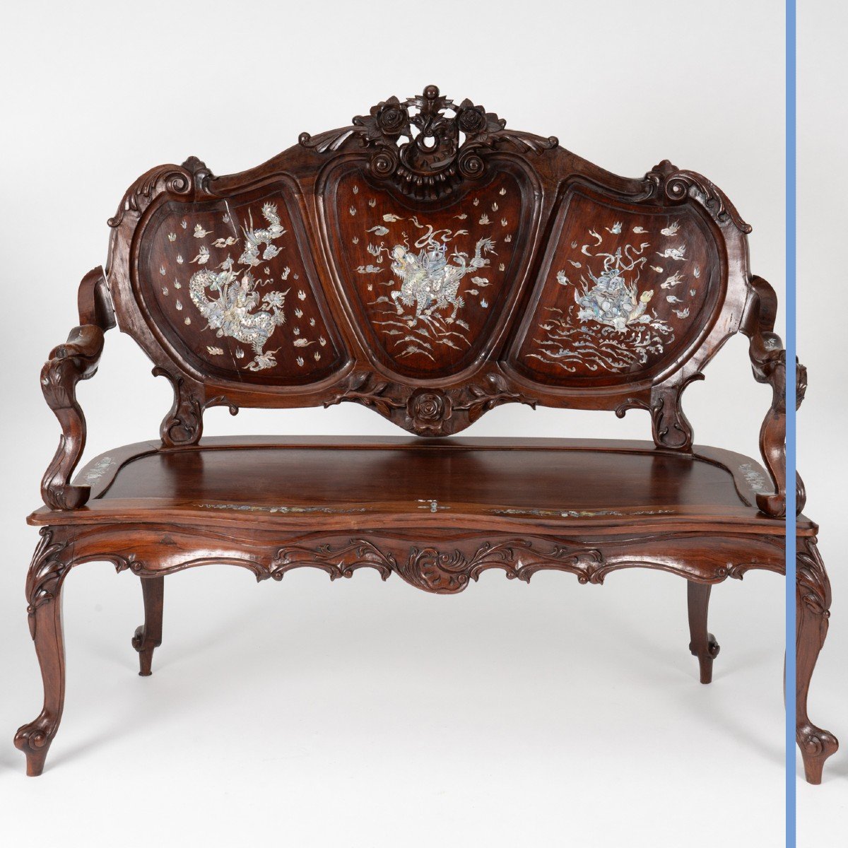 Mobilier de salon Indochinois en bois exotique incrusté de nacre, 1900-photo-2