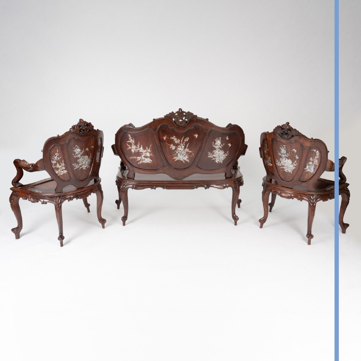 Mobilier de salon Indochinois en bois exotique incrusté de nacre, 1900-photo-8