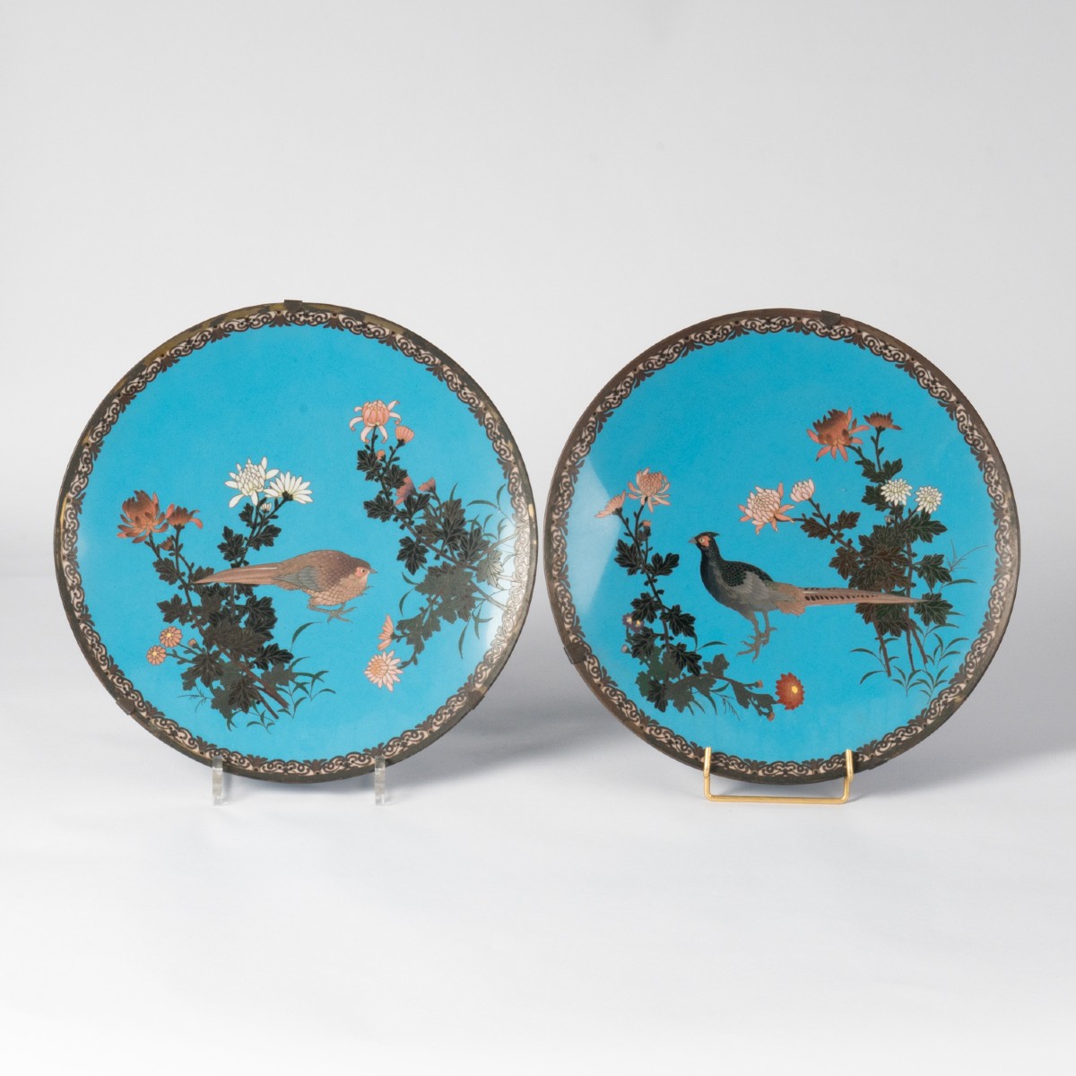 Pair Of Cloisonné Enamel Plates With Birds, 19th Century
