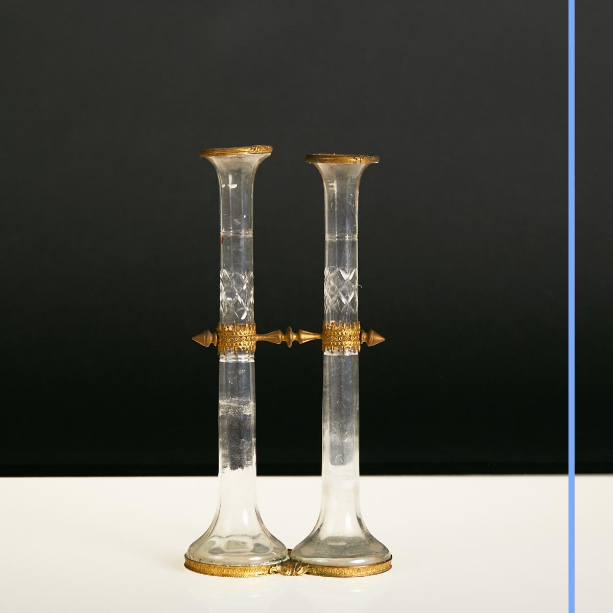 Paire de soliflores en verre taillé, monture bronze, XIXe-photo-4