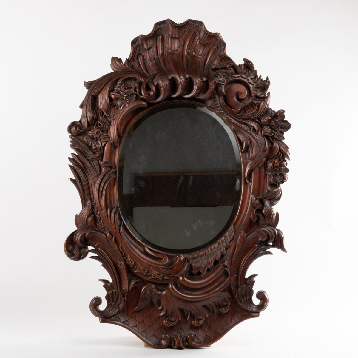 Rococo Style Mirror In Carved Walnut, 19th Century