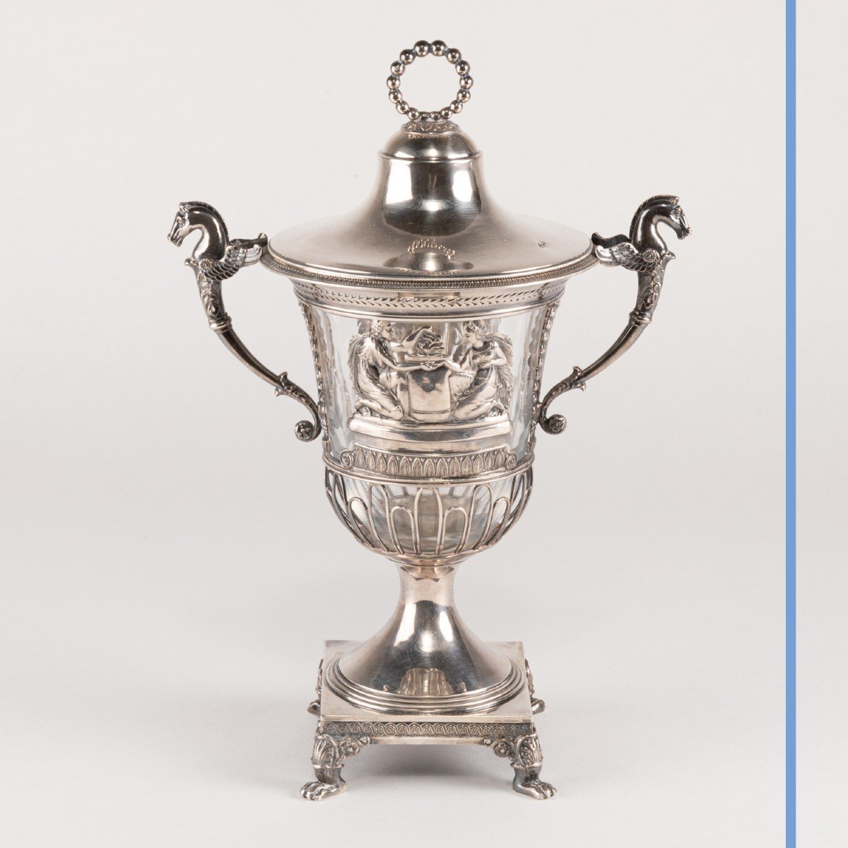 Confiturier en forme de vase à l'antique,  argent massif et cristal taillé, XIXe-photo-4