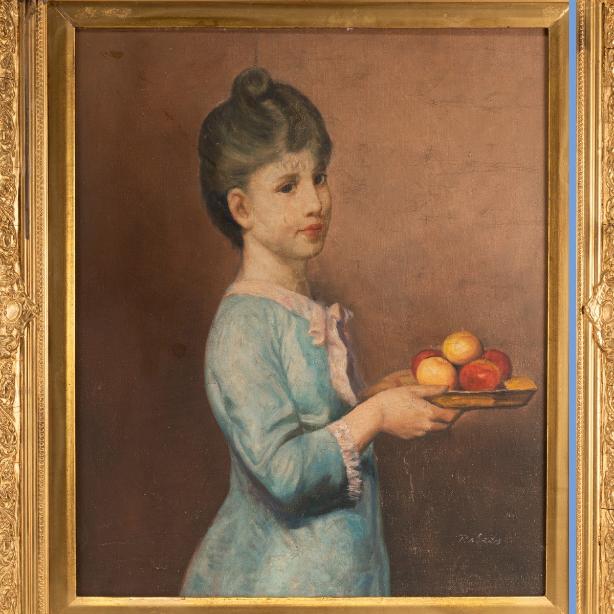 P. Norris (XIXe - XXe), Jeune fille aux pommes, huile sur toile, XXe-photo-2