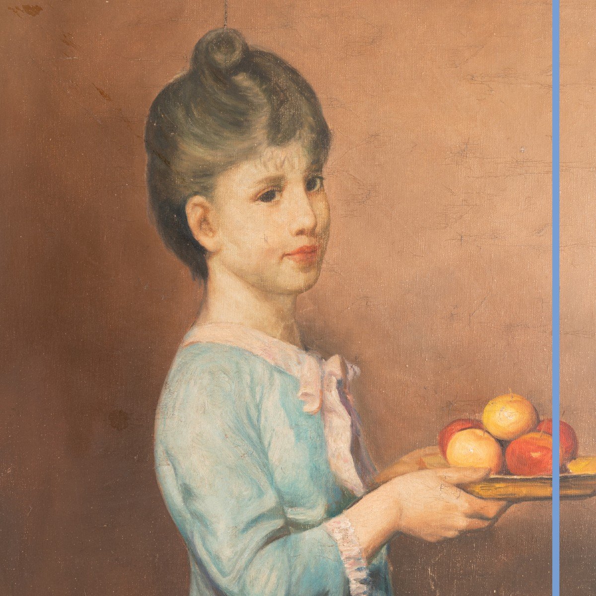 P. Norris (XIXe - XXe), Jeune fille aux pommes, huile sur toile, XXe-photo-3