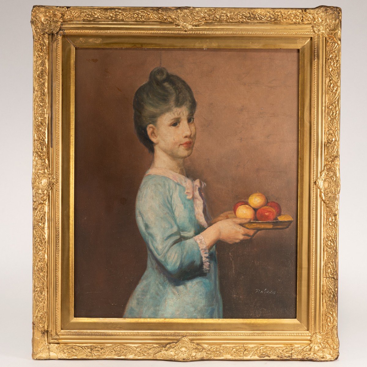 P. Norris (XIXe - XXe), Jeune fille aux pommes, huile sur toile, XXe