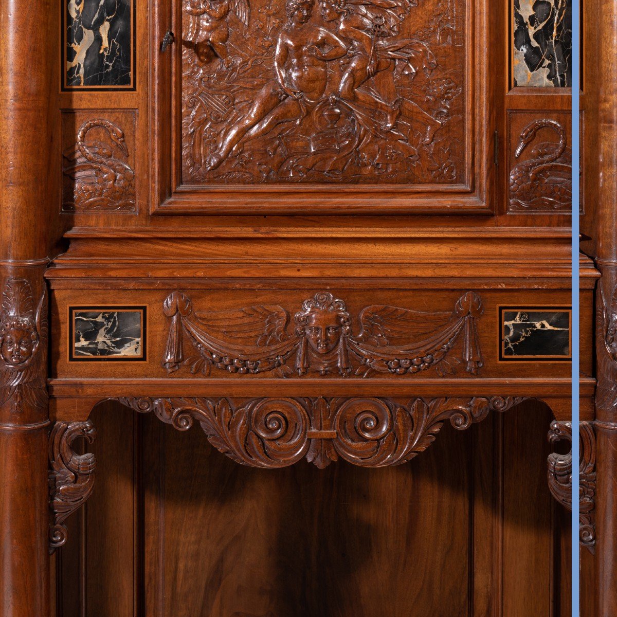 Cabinet N&eacute;o-renaissance en noyer, incrust&eacute; de marbre portor, XIXe-photo-6