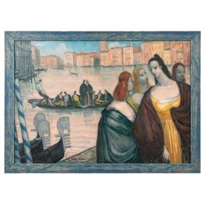 André Maire (1898-1984), Venise, scène animée sur le Grand canal , huile sur panneau, XXe