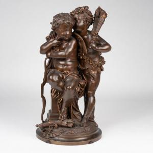 Albert-Ernest Carrier-Belleuse (1824-1887), Cupidon et un chérubin, bronze, XIXe