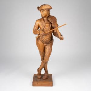 The Violinist With The Tricorn, Sculpture In Carved Pine, 19th Century