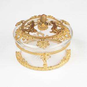 Round Candy Box In Crystal And Gilded Brass, 19th Century