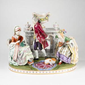 Dans le goût de la porcelaine de Saxe, scène de salon, XIXe