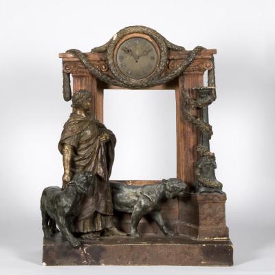 Pendule en terre cuite peinte "César et deux lions", XXe
