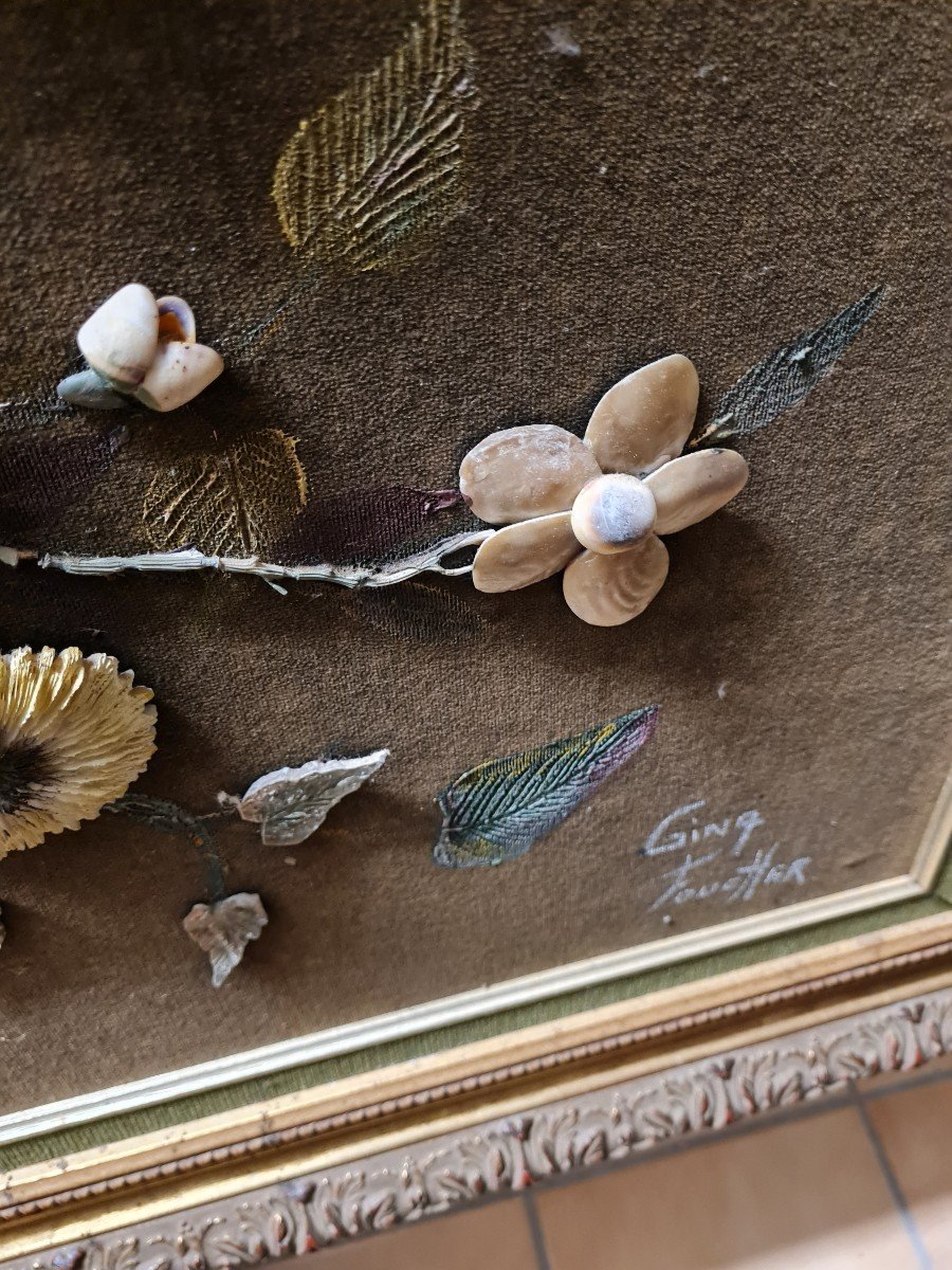 Tableau Fleurs Et Oiseaux En Coquillage-photo-4