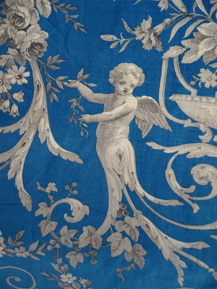 Blue Printed Toile  Panel Grisaille Decor Cherubinis, Doves, Arabesques-photo-3