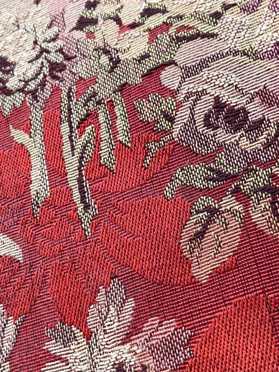 19th Century Red Mechanical Tapestry Decorated With Iris And Dalhias Roses-photo-4