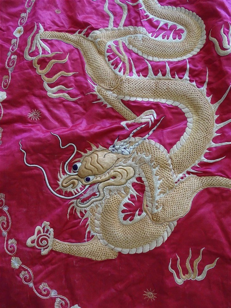 Dessus De Lit Ou Tenture Murale , Broderie Chinoise, Dragon Chinois Brodé-photo-2