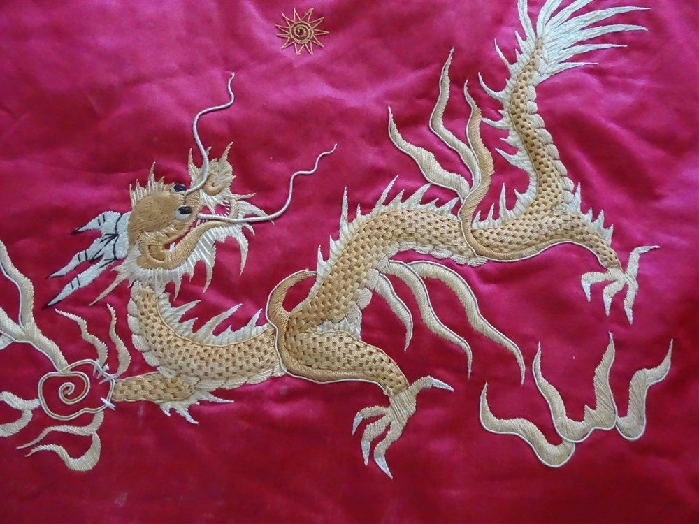 Dessus De Lit Ou Tenture Murale , Broderie Chinoise, Dragon Chinois Brodé-photo-4