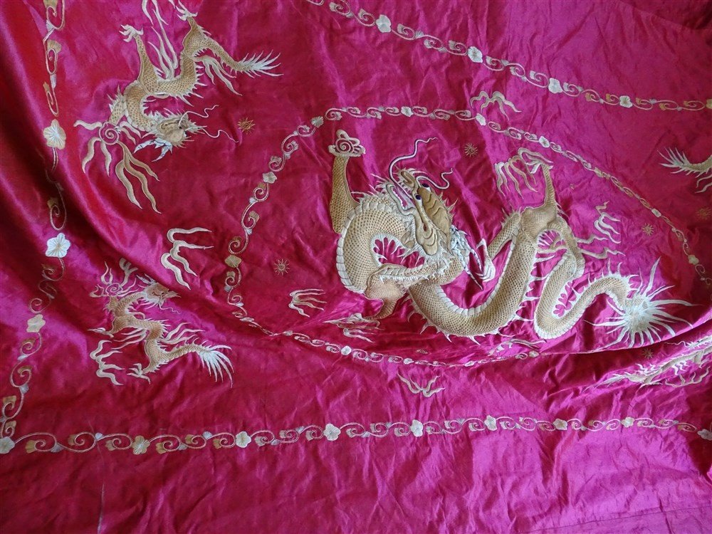 Dessus De Lit Ou Tenture Murale , Broderie Chinoise, Dragon Chinois Brodé-photo-8