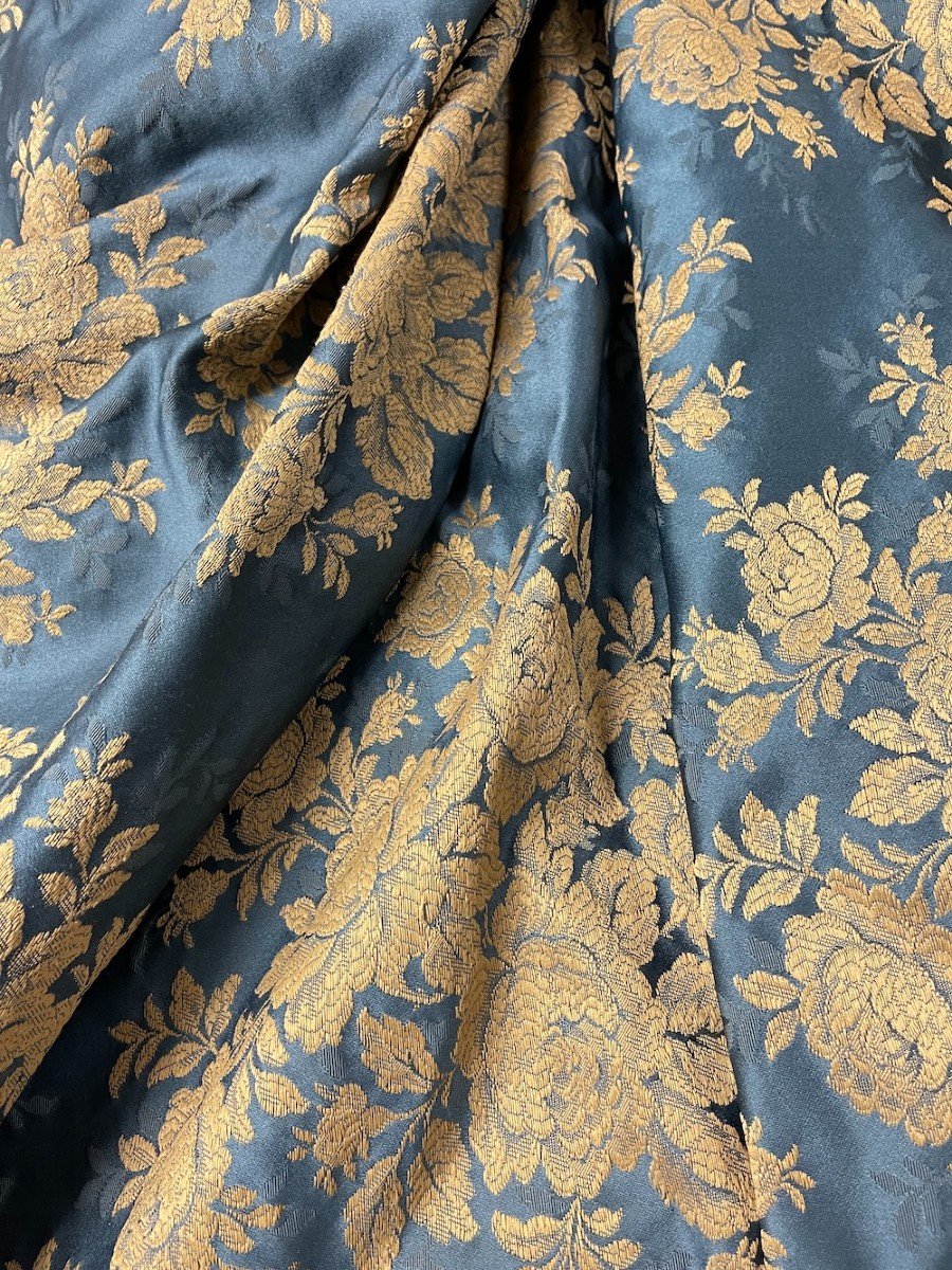 Piece Of Old Blue Silk With Floral Decor