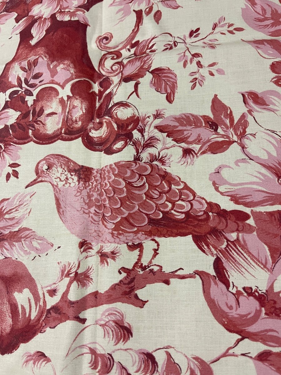 Large Fragment Of Printed Fabric Floral And Bird Decor-photo-3