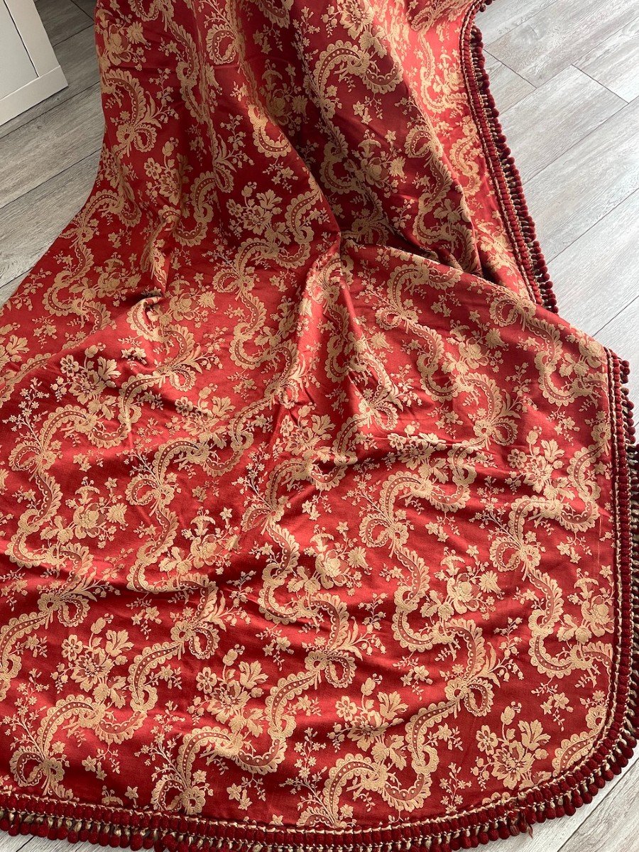 Pair Of 19th Century Hangings Silk And Linen Furnishing Fabric With Trimmings Braid-photo-8