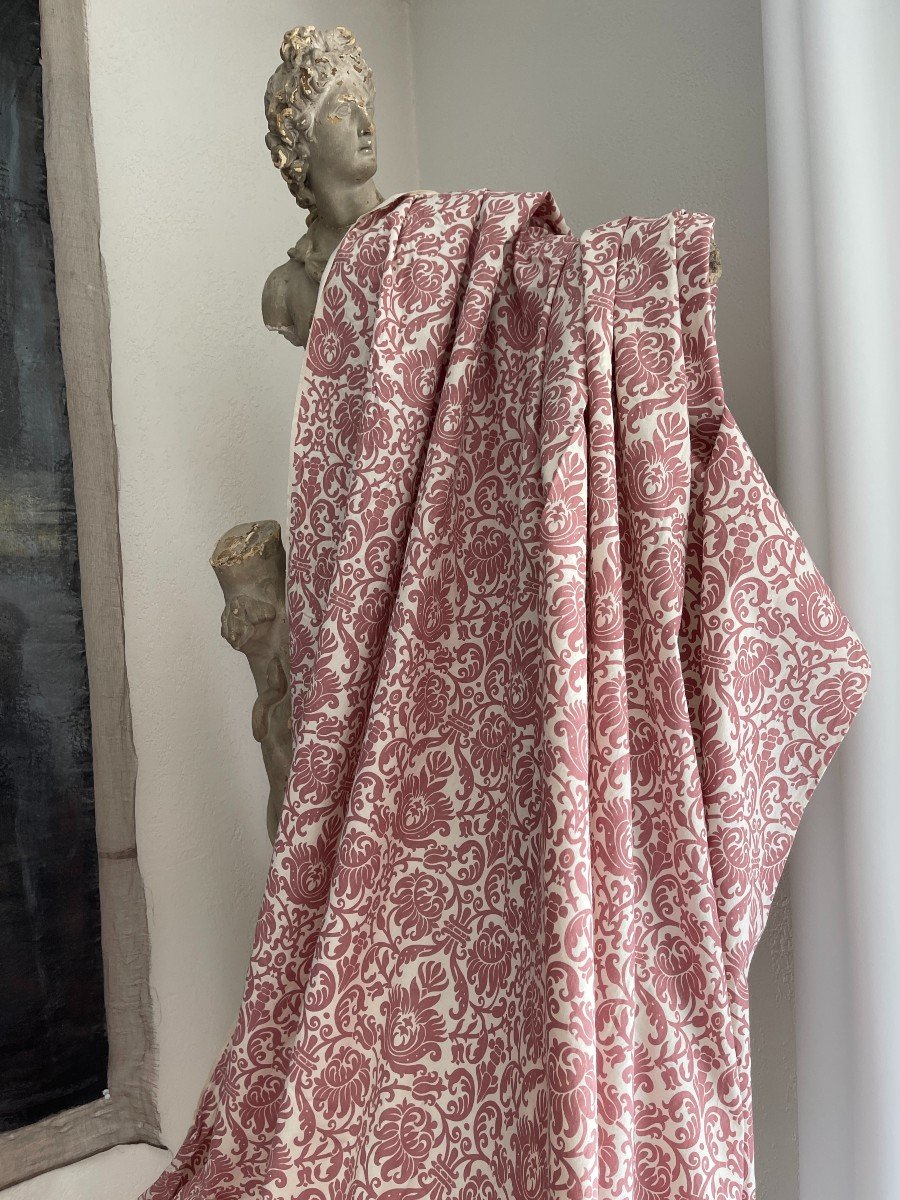 Pair Of Vintage Curtains In Old Rose Printed Fabric 