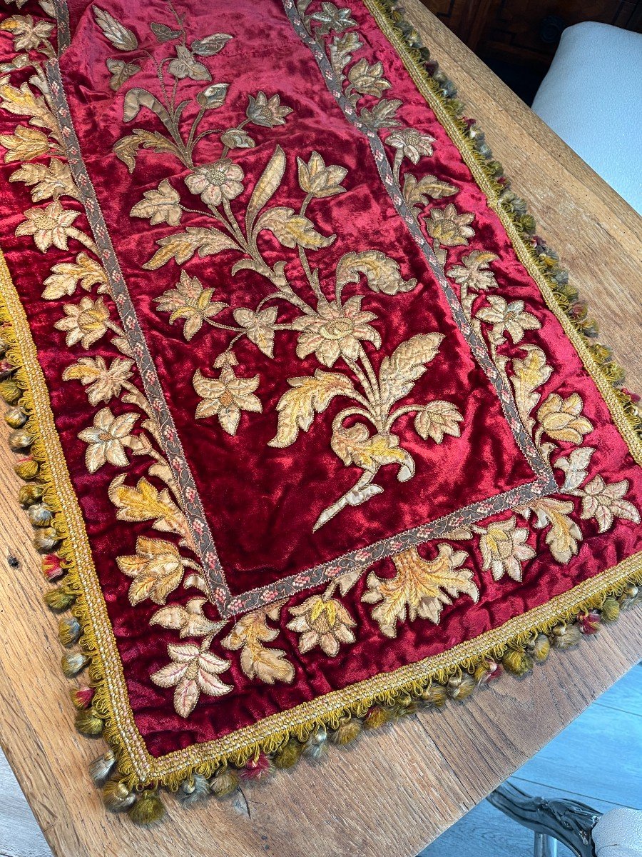 Magnifique Tapis De Table Pièce De Passementerie Ancienne Velours De Soie Et Broderies-photo-3