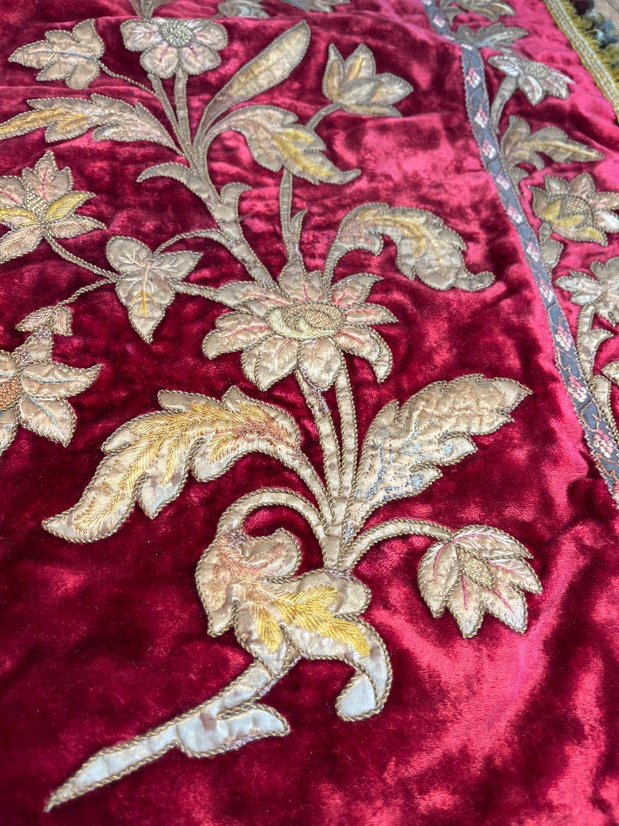 Magnifique Tapis De Table Pièce De Passementerie Ancienne Velours De Soie Et Broderies-photo-3