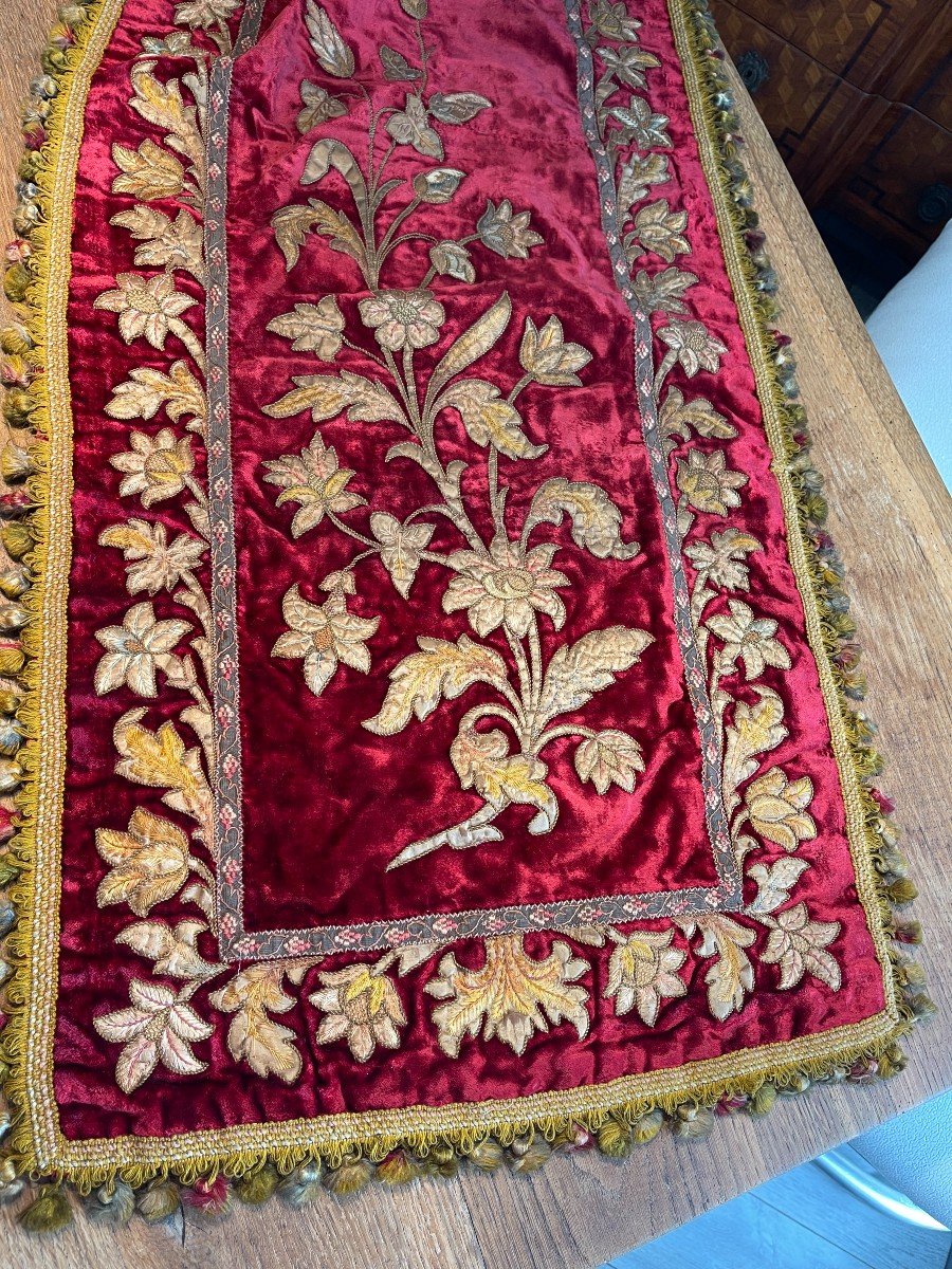 Magnifique Tapis De Table Pièce De Passementerie Ancienne Velours De Soie Et Broderies-photo-5