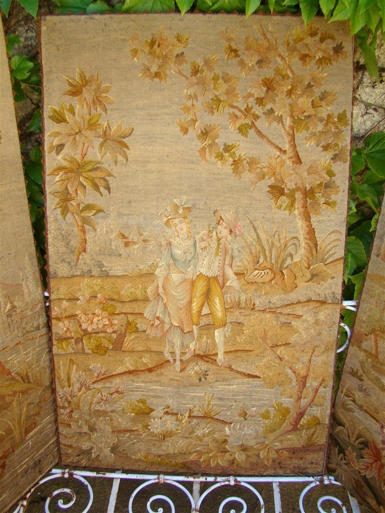 Suite Of 3 Petit Point Tapestries On Frame, French School, 19th Century-photo-2