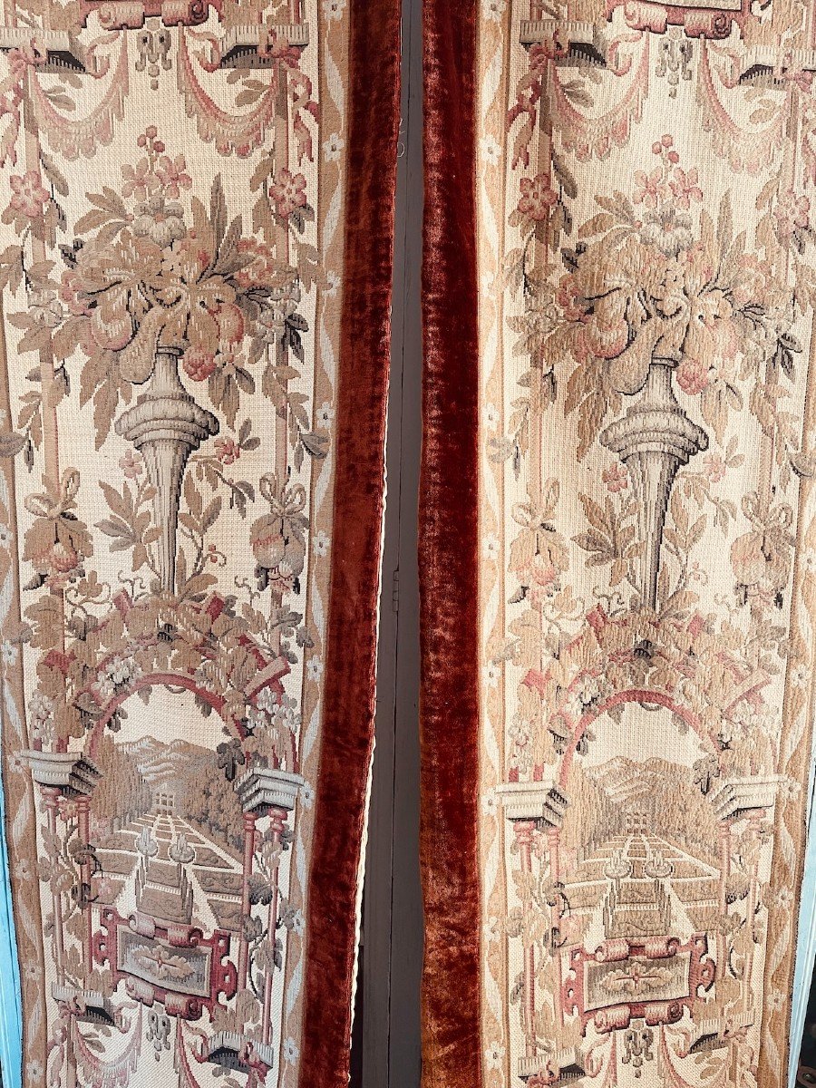 Pair Of Antique Tapestry Hangings With Rust Silk Velvet Border, 11th Century-photo-2