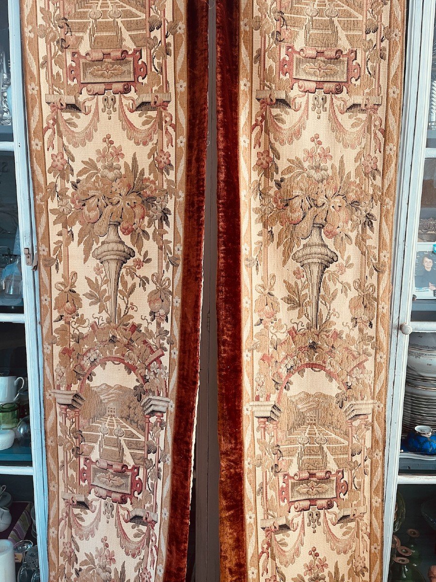 Pair Of Antique Tapestry Hangings With Rust Silk Velvet Border, 11th Century-photo-4