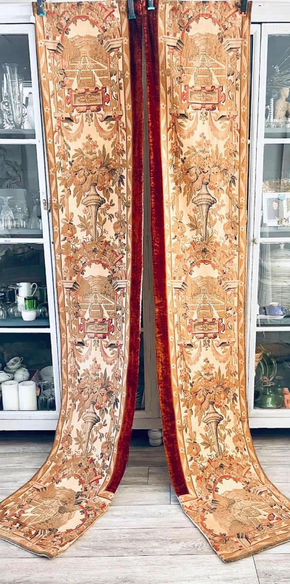 Pair Of Antique Tapestry Hangings With Rust Silk Velvet Border, 11th Century