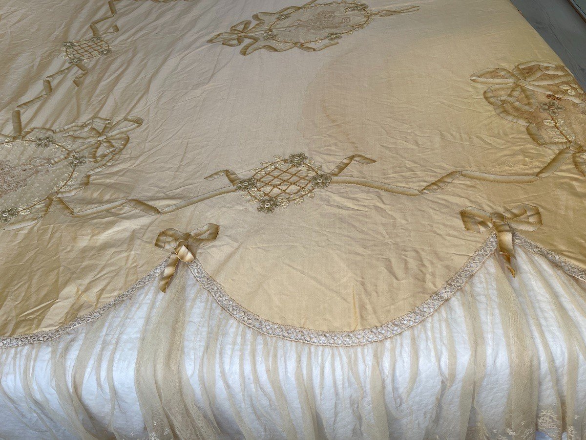 Champagne Color Silk And Lace Embroidered Bedspread - Louis XVI Style-photo-2