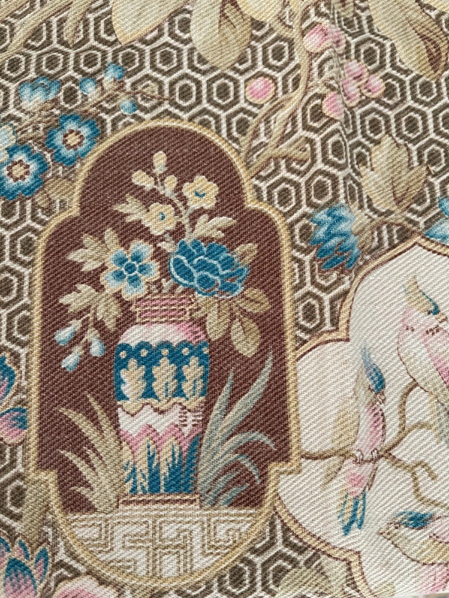 Beautiful Printed Fabric Footage - Lotus, Butterflies And Chinese Architecture Decor-photo-1