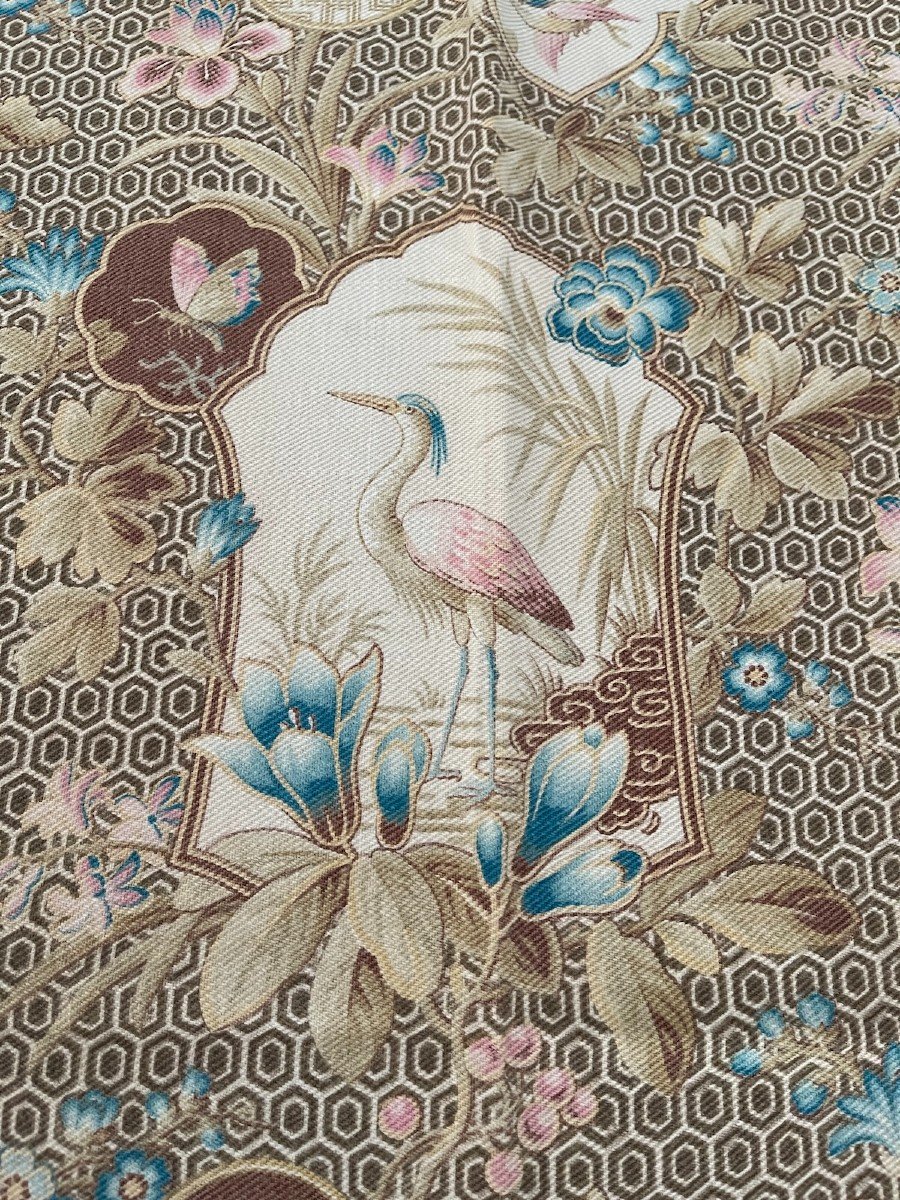 Beautiful Printed Fabric Footage - Lotus, Butterflies And Chinese Architecture Decor-photo-2